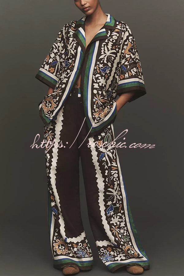 Printed Satin Long Sleeve Shirt and Pants Set – Loose Fit