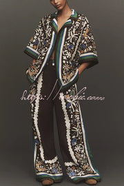 Printed Satin Long Sleeve Shirt and Pants Set – Loose Fit