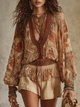 Chiffon Bohemian todelt skjorte og shorts i beige