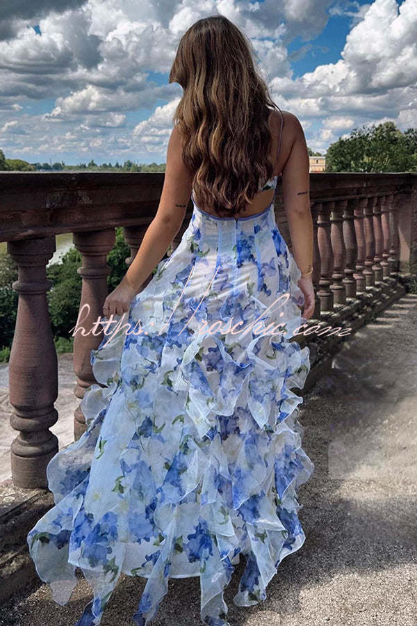 Chiffon Roses Print Ruffle Tiered Maxi Dress – V Neck