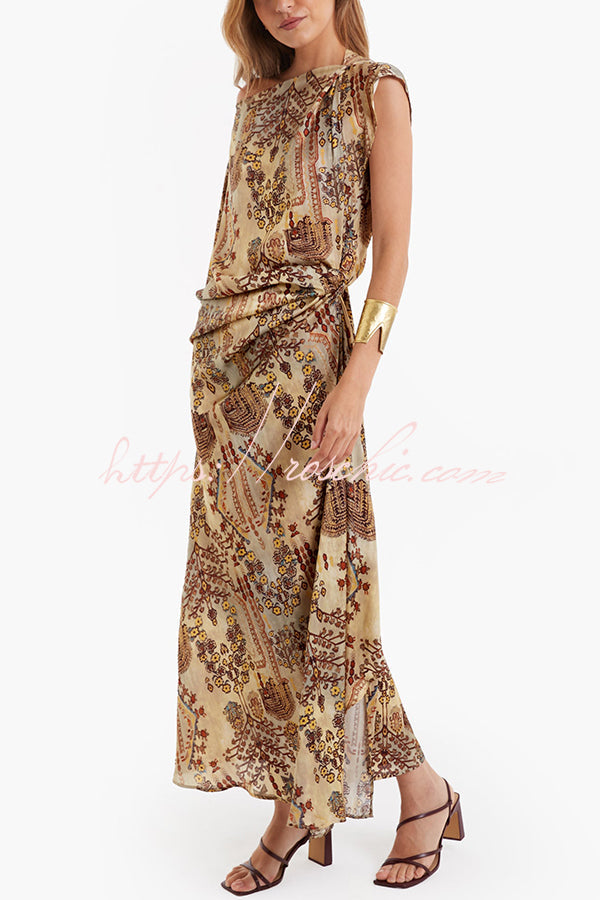 Satin One Shoulder Ruched Maxi Dress with Asymmetrical Hem