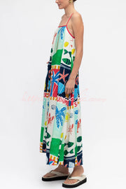 Robe longue imprimée sans manches à col carré avec poches