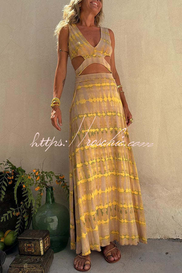 Tie-Dye Print Cutout Maxi Dress with Slit