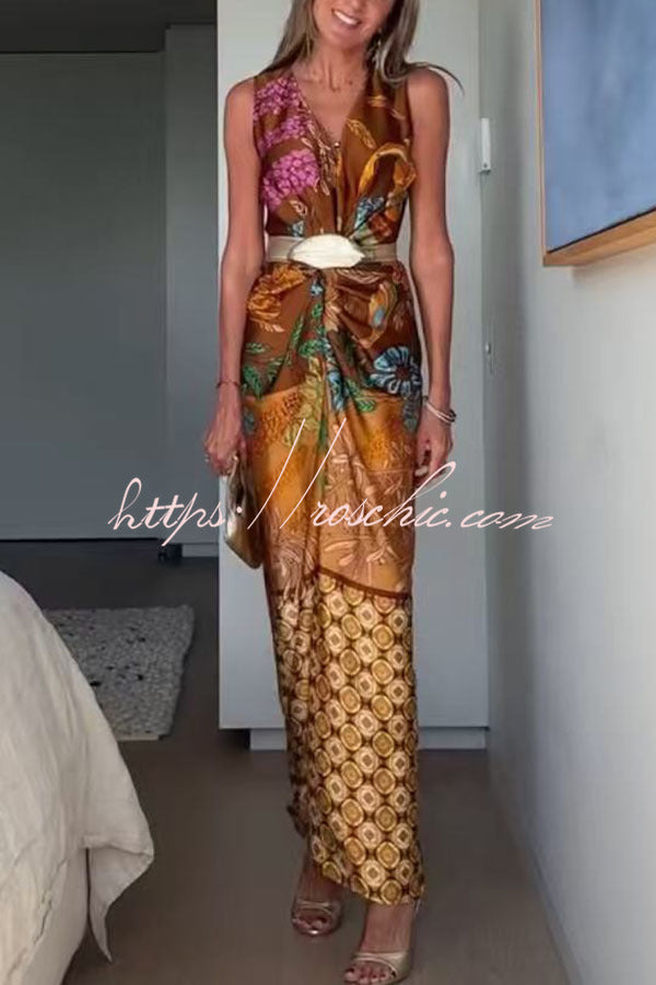 Satin Floral Print Twist Waist Maxi Dress with Front Slit