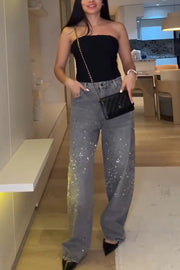 Jean droit ample taille haute en strass avec poches