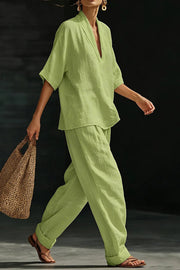 Women's V-Neck Short Sleeve Loose Top and Pants Set