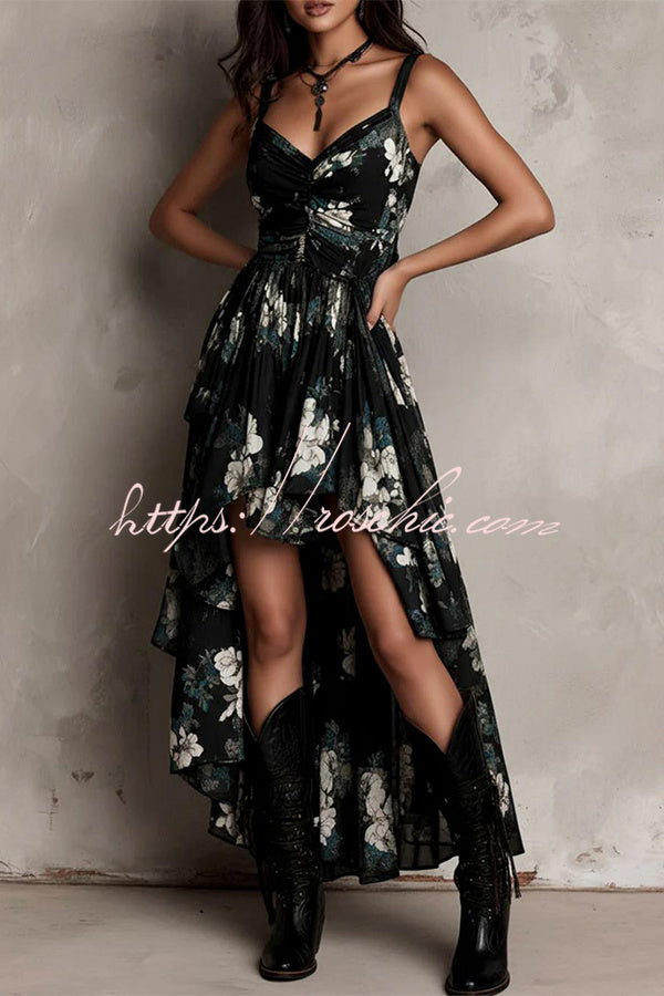 Floral High-Low Ruffle Dress – Sleeveless Loose Fit