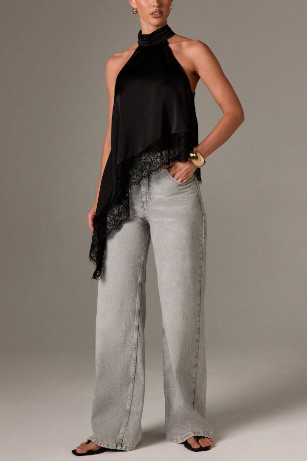 Satin Sleeveless Halter Top – Loose Fit Lace Hem