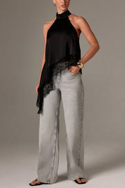 Satin Sleeveless Halter Top – Loose Fit Lace Hem