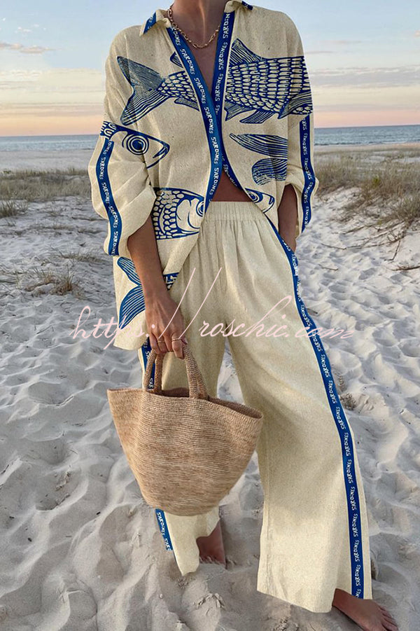 Ocean Print Oversized Shirt & Elastic Waist Pants Set
