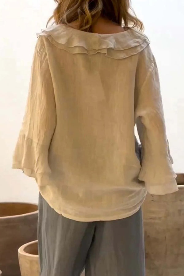Women's V-Neck Ruffle Top – Loose Fit 3/4 Sleeve Casual Blouse