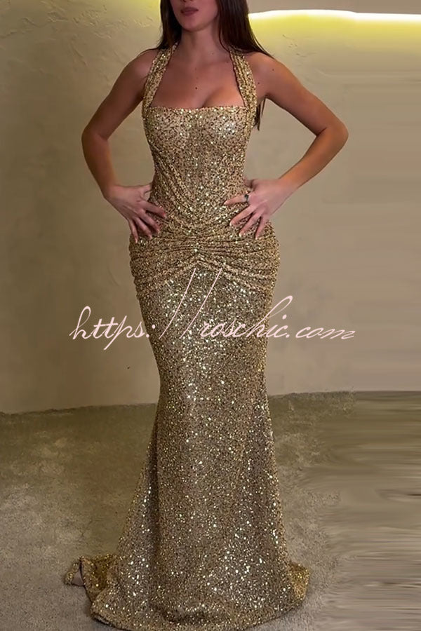 Sequin Halter Maxi Dress with Ruched Waist & Lace-Up Back
