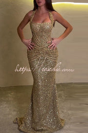 Sequin Halter Maxi Dress with Ruched Waist & Lace-Up Back