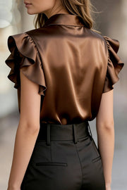 Satin Ruffle Collar Short Sleeve Shirt | Loose Office Blouse