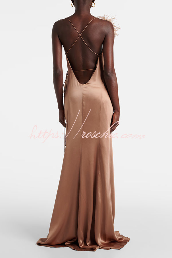 Satin Feather Trim Maxi Dress with V-Neck Slit & Tie Waist
