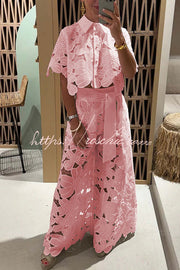 Floral Lace Cropped Shirt & Wide Leg Pants Set with Belt