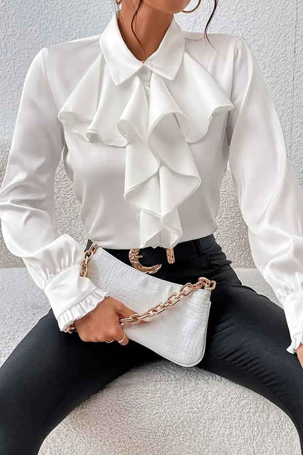 Ruffled Tiered Lapel Long-Sleeve Blouse | Loose Fit Office Top