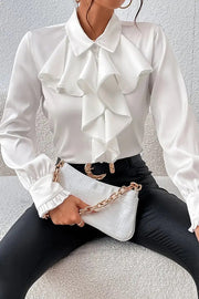 Ruffled Tiered Lapel Long-Sleeve Blouse | Loose Fit Office Top