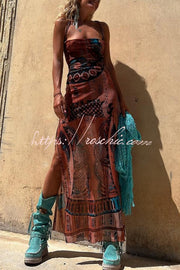 Printed Cowl Neck Lace-Back Midi Dress – Loose Fit