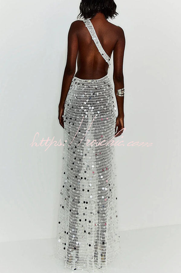 Sequin Knit One-Shoulder Maxi Dress with Thigh Slit