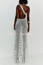 Sequin Knit One-Shoulder Maxi Dress with Thigh Slit