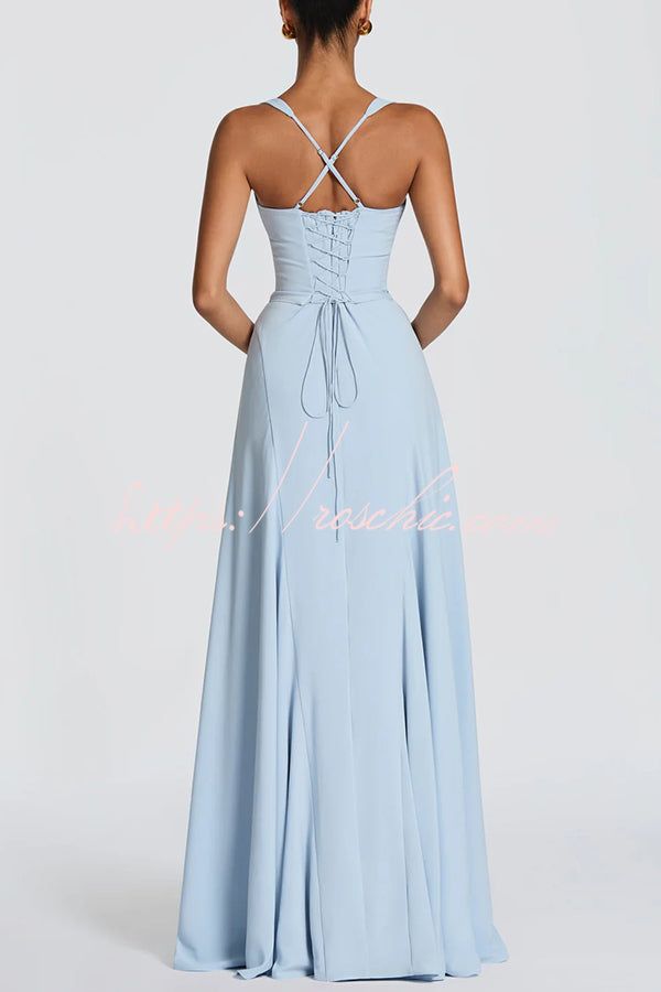 Chiffon Sweetheart Maxi Dress with Lace-Up Back & Bustier
