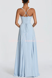 Chiffon Sweetheart Maxi Dress with Lace-Up Back & Bustier