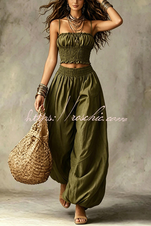 Olive Pleated Crop Top & Wide-Leg Pants Set