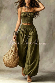 Olive Pleated Crop Top & Wide-Leg Pants Set