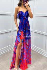 Gradient Print Strapless Maxi Dress with Layered Ruffles