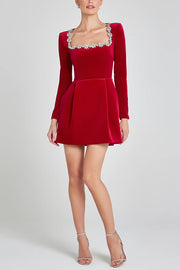 Black Velvet Mini Dress with Jeweled Trim & Long Sleeves