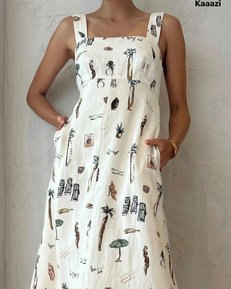Botanical Print Tie-Strap Open Back Maxi Dress