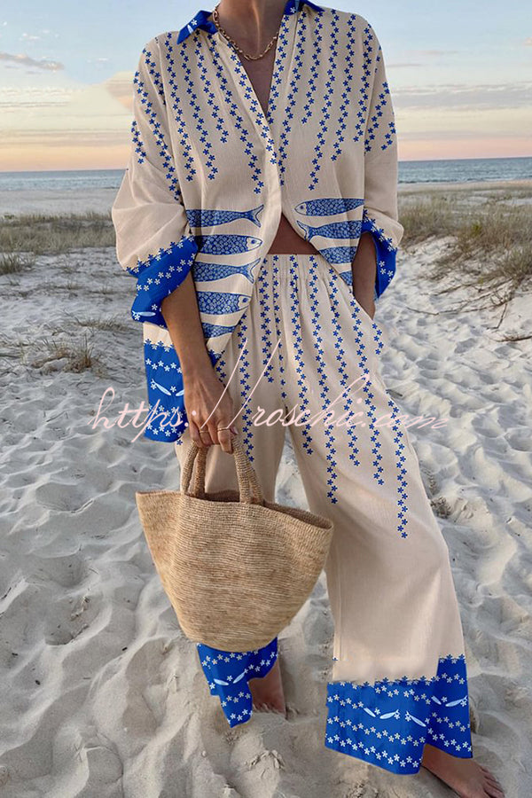 Ocean Print Oversized Shirt & Elastic Waist Pants Set