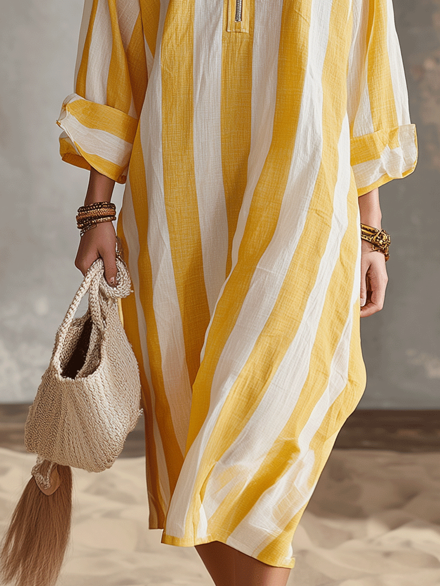 Yellow & White Stripe Relaxed Midi Dress for Resort Wear