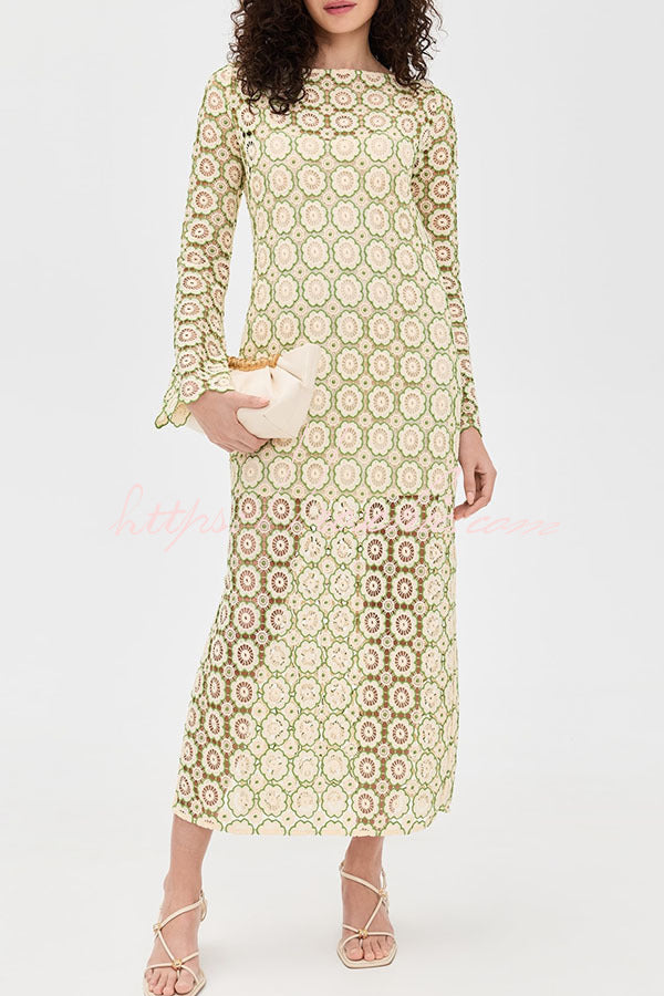 Floral Crochet Long Sleeve Midi Dress with Slit