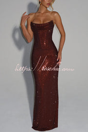 Sequin Pleated Cowl Neck Strapless Maxi Dress