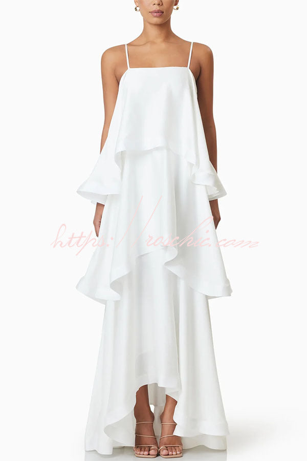 Satin Tiered Maxi Dress – Square Neck Sleeveless A-Line
