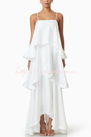 Satin Tiered Maxi Dress – Square Neck Sleeveless A-Line