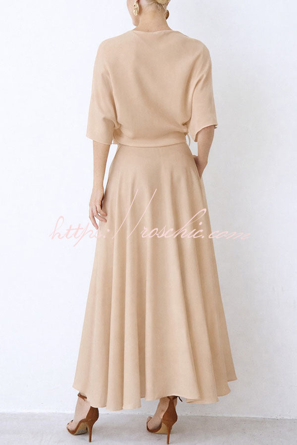 Satin Wrap Maxi Dress with Wide Sleeves and Pocket