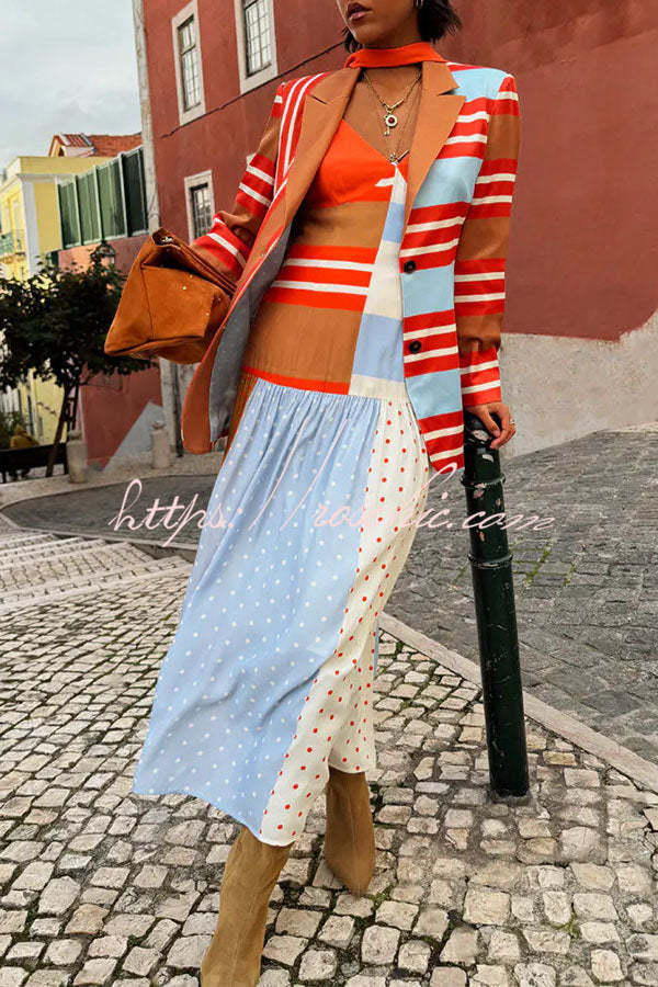 Color-Block Polka Dot Print Pleated Maxi Dress