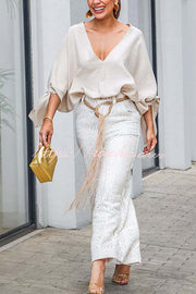 Linen Blend V-Neck Loose Top with Knotted Cuff Half Sleeves