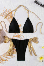 Halter Neck Gold Tie Two-Piece Bikini Swimsuit