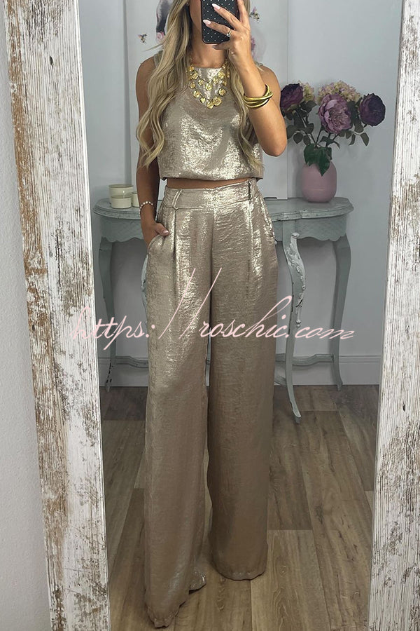 Ensemble débardeur court et pantalon large en tissu métallisé