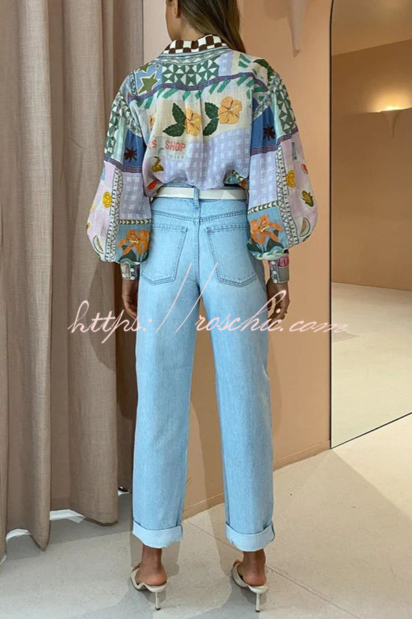 Printed Balloon Sleeve Loose Button Shirt | Vacation Top