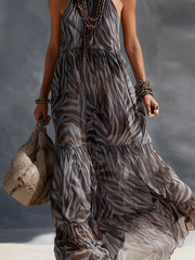 Grey Zebra Print Halter Chiffon Maxi Dress – Boho Style