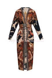Printed Dolman Sleeve Ruched Slit Midi Dress