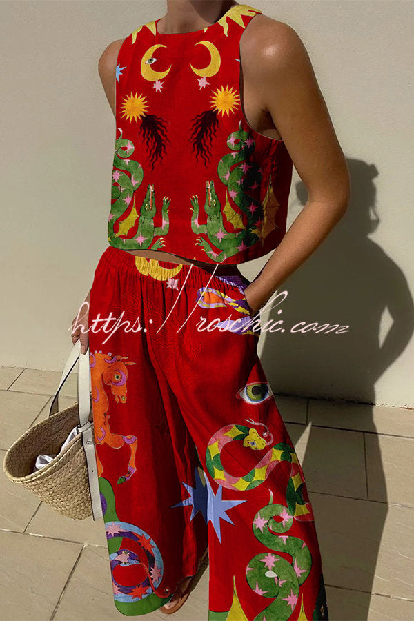 Linen Blend Printed Tank & Pants Set with Pockets