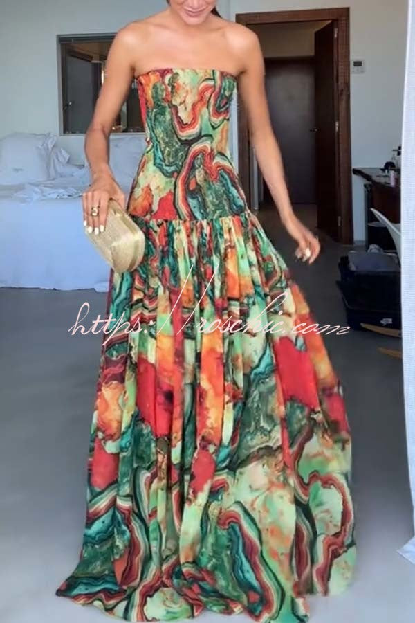 Colorful Lava Print Off Shoulder Smocked Maxi Dress