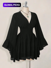 Gothic V-Neck Mini Dress - Long Sleeve Belted Fitted Dress