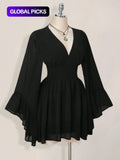 Gothic V-Neck Mini Dress - Long Sleeve Belted Fitted Dress